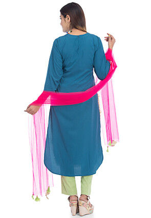 Embroidered Pure Crepe Pakistani Suit in Teal Blue