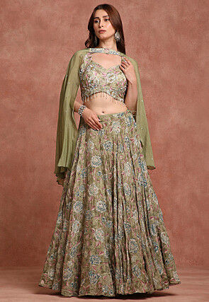 Embroidered Pure Crepe Silk Lehenga in Olive Green