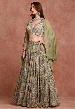 Embroidered Pure Crepe Silk Lehenga in Olive Green