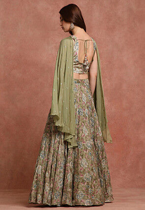 Embroidered Pure Crepe Silk Lehenga in Olive Green