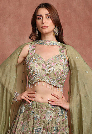 Embroidered Pure Crepe Silk Lehenga in Olive Green