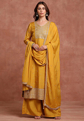 Embroidered Pure Crepe Silk Pakistani Suit in Yellow