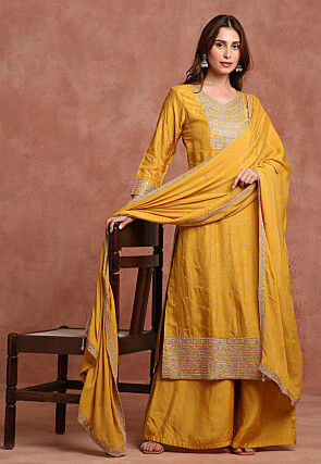 Embroidered Pure Crepe Silk Pakistani Suit in Yellow