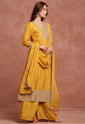 Embroidered Pure Crepe Silk Pakistani Suit in Yellow