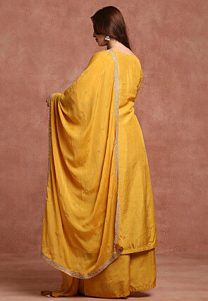 Embroidered Pure Crepe Silk Pakistani Suit in Yellow