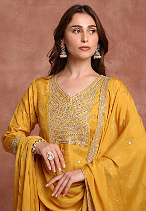 Embroidered Pure Crepe Silk Pakistani Suit in Yellow