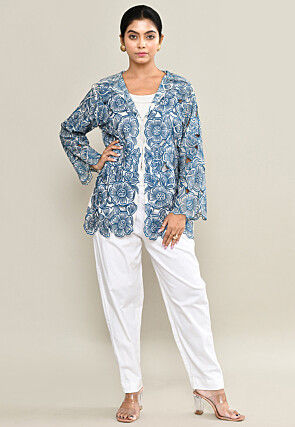 Embroidered Pure Crepe Top Set in White