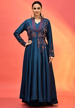 Embroidered Pure Dupion Silk Crop Top Set in Navy Blue