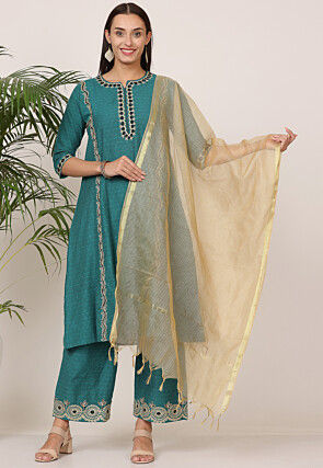Embroidered Pure Dupion Silk Jacquard Pakistani Suit in Dark Teal Blue