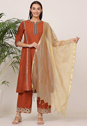 Embroidered Pure Dupion Silk Jacquard Pakistani Suit in Rust