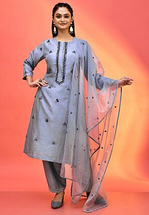 Embroidered Pure Dupion Silk Pakistani Suit in Grey