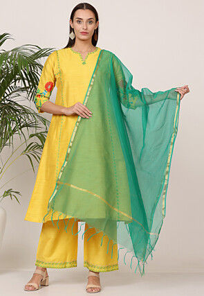 Embroidered Pure Dupion Silk Pakistani Suit in Yellow
