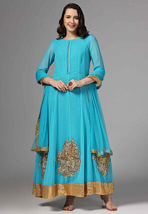 Embroidered Pure Georgette Abaya Style Suit in Blue