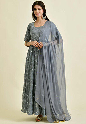 Embroidered Pure Georgette Abaya Style Suit in Grey