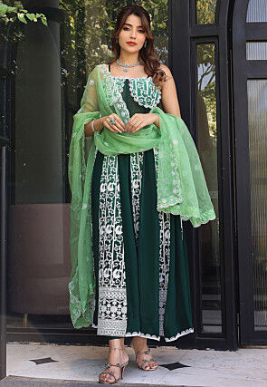 Embroidered Pure Georgette Anarkali Suit in Dark Green and Light Green