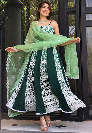 Embroidered Pure Georgette Anarkali Suit in Dark Green and Light Green