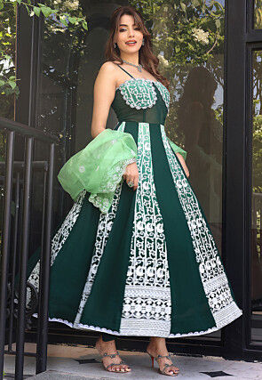 Embroidered Pure Georgette Anarkali Suit in Dark Green and Light Green
