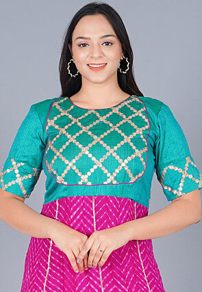 Embroidered Pure Georgette Anarkali Suit in Sea Green and Fuchsia