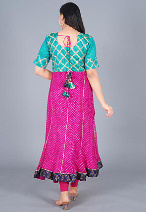 Embroidered Pure Georgette Anarkali Suit in Sea Green and Fuchsia