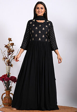 Embroidered Pure Georgette Abaya Style Suit in Black