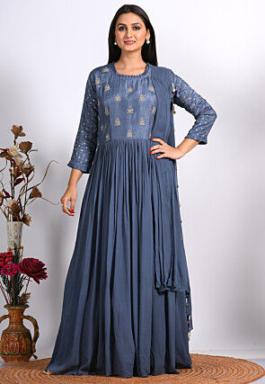 Embroidered Pure Georgette Abaya Style Suit in Grey