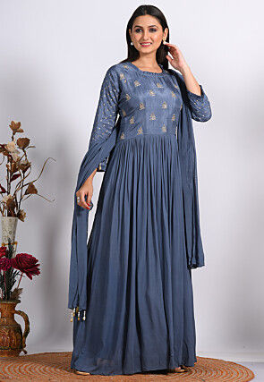 Embroidered Pure Georgette Abaya Style Suit in Grey