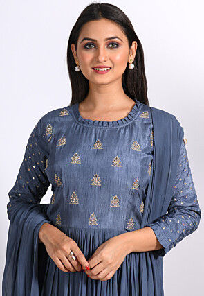 Embroidered Pure Georgette Abaya Style Suit in Grey