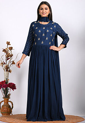 Embroidered Pure Georgette Abaya Style Suit in Navy Blue