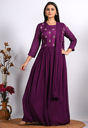 Embroidered Pure Georgette Abaya Style Suit in Purple