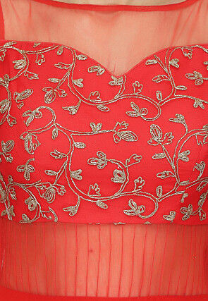 Embroidered Pure Georgette and Net Gown in Coral Red