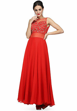 Embroidered Pure Georgette and Net Gown in Coral Red