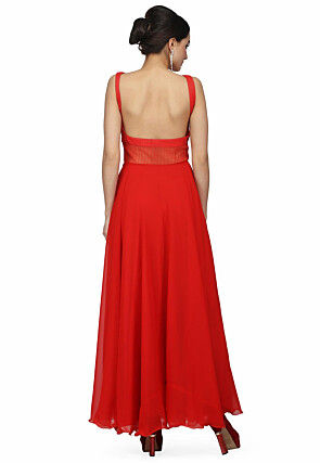 Embroidered Pure Georgette and Net Gown in Coral Red