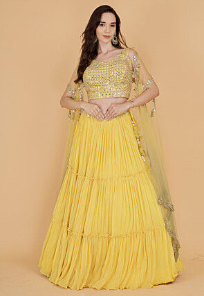 Embroidered Pure Georgette Crop Top Set in Yellow