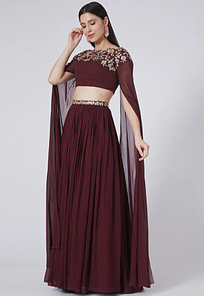 Embroidered Pure Georgette Crop Top Skirt Set in Maroon