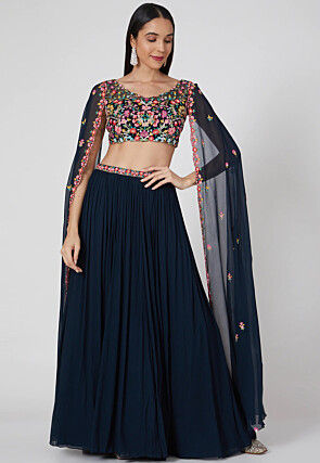 Embroidered Pure Georgette Crop Top Skirt Set in Navy Blue