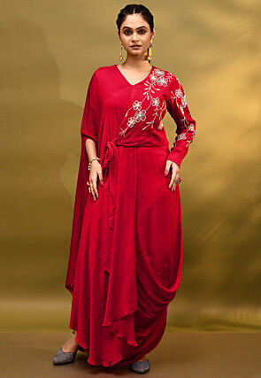 Embroidered Pure Georgette Drape Gown in Red