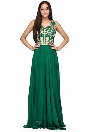 Embroidered Pure Georgette Gown in Beige and Green