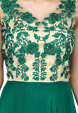 Embroidered Pure Georgette Gown in Beige and Green