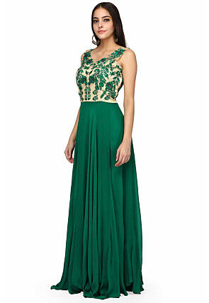 Embroidered Pure Georgette Gown in Beige and Green