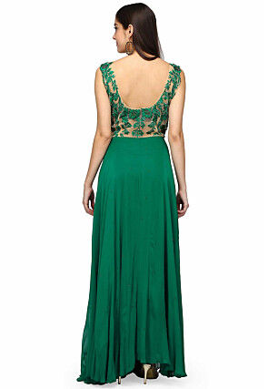 Embroidered Pure Georgette Gown in Beige and Green
