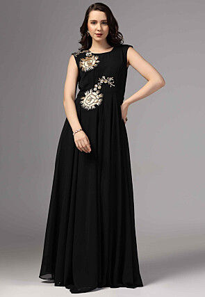 Embroidered Pure Georgette Gown in Black