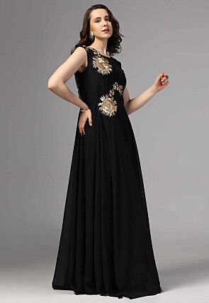 Embroidered Pure Georgette Gown in Black