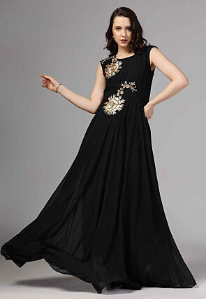 Embroidered Pure Georgette Gown in Black
