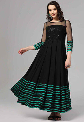 Embroidered Pure Georgette Gown in Black