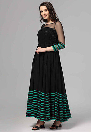 Embroidered Pure Georgette Gown in Black