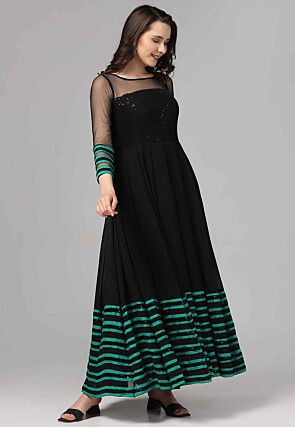 Embroidered Pure Georgette Gown in Black
