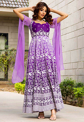 Embroidered Pure Georgette Gowns in Dark Purple