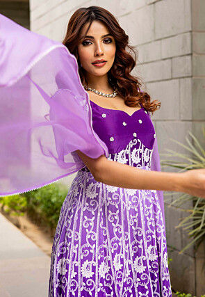 Embroidered Pure Georgette Gowns in Dark Purple