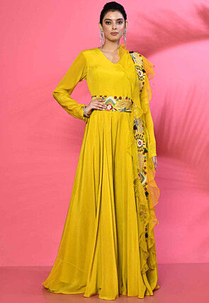 Embroidered Pure Georgette Jumpsuit in Yellow