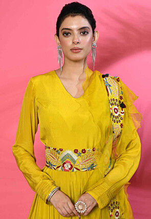 Embroidered Pure Georgette Jumpsuit in Yellow